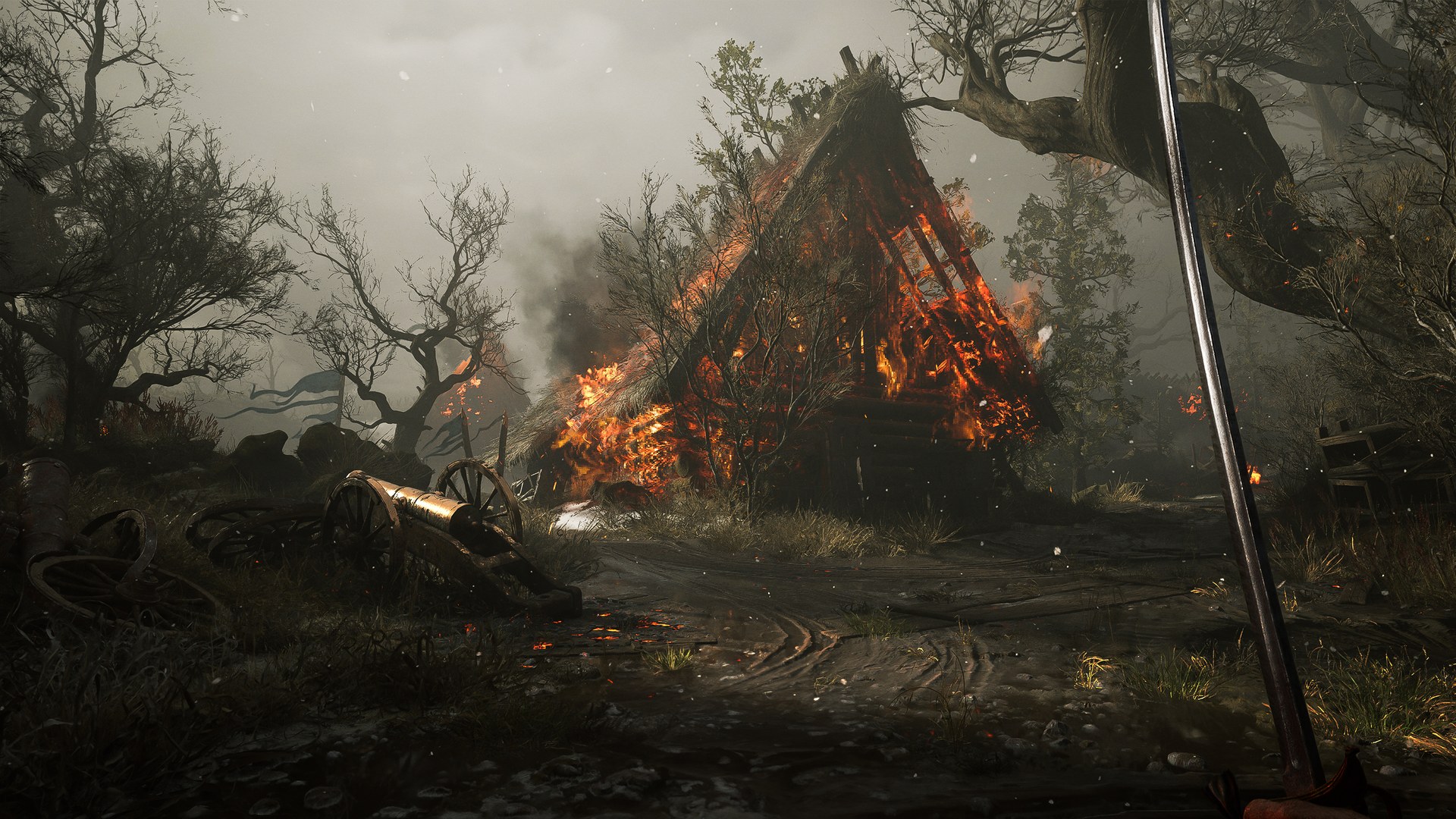 A burning thatched hut in a misty forest in Valor Mortis.