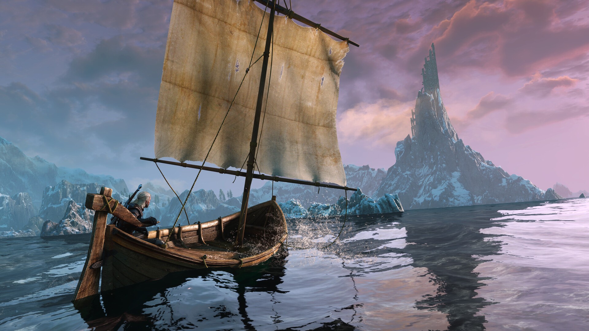 A small sailboat crosses calm water toward a jagged mountain island at dusk in The Witcher 3: Wild Hunt - Remastered