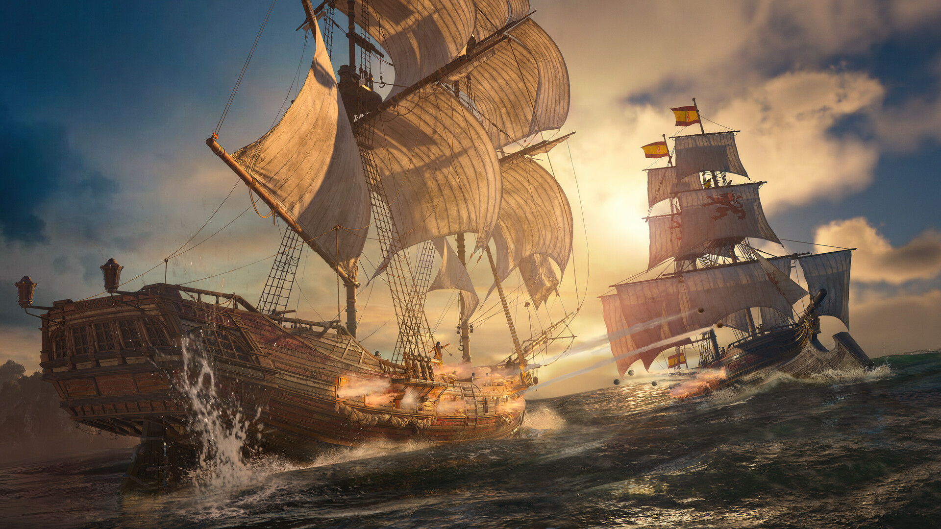 Two sailing ships cut through rough water at sunset in Assassin's Creed Black Flag Resynced