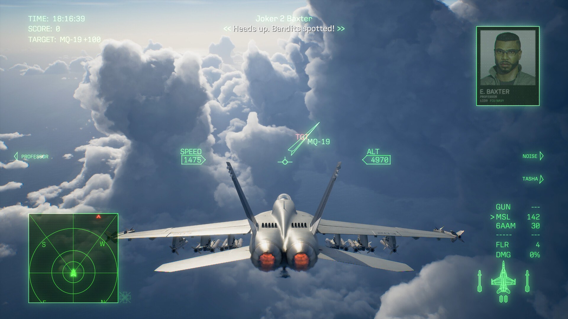 An F/A-18 fighter jet in a dogfight in Ace Combat 8: Wings of Theve, with the targeting radar on screen