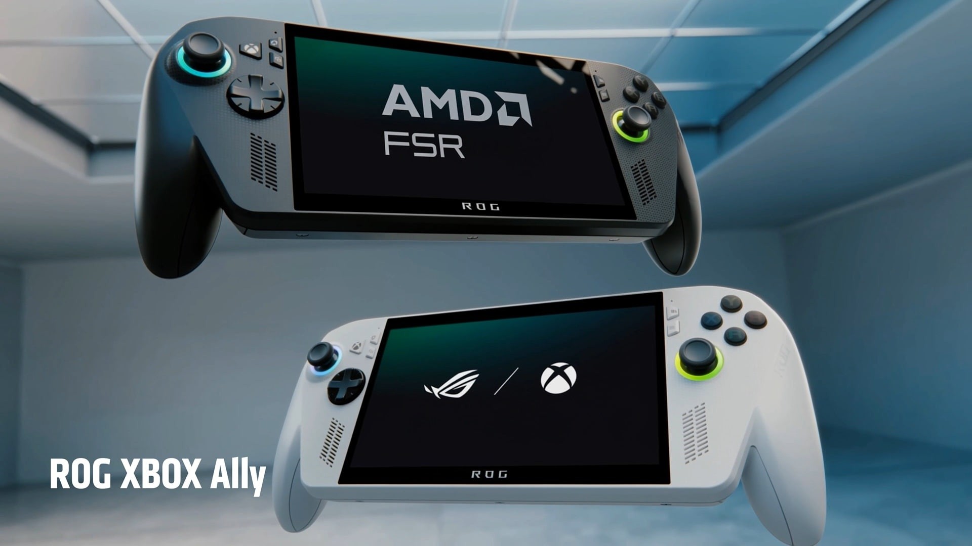 AMD graphic showing two ROG Xbox Ally handhelds, a black unit with the AMD FSR logo on screen and a white unit with the ROG and Xbox logos