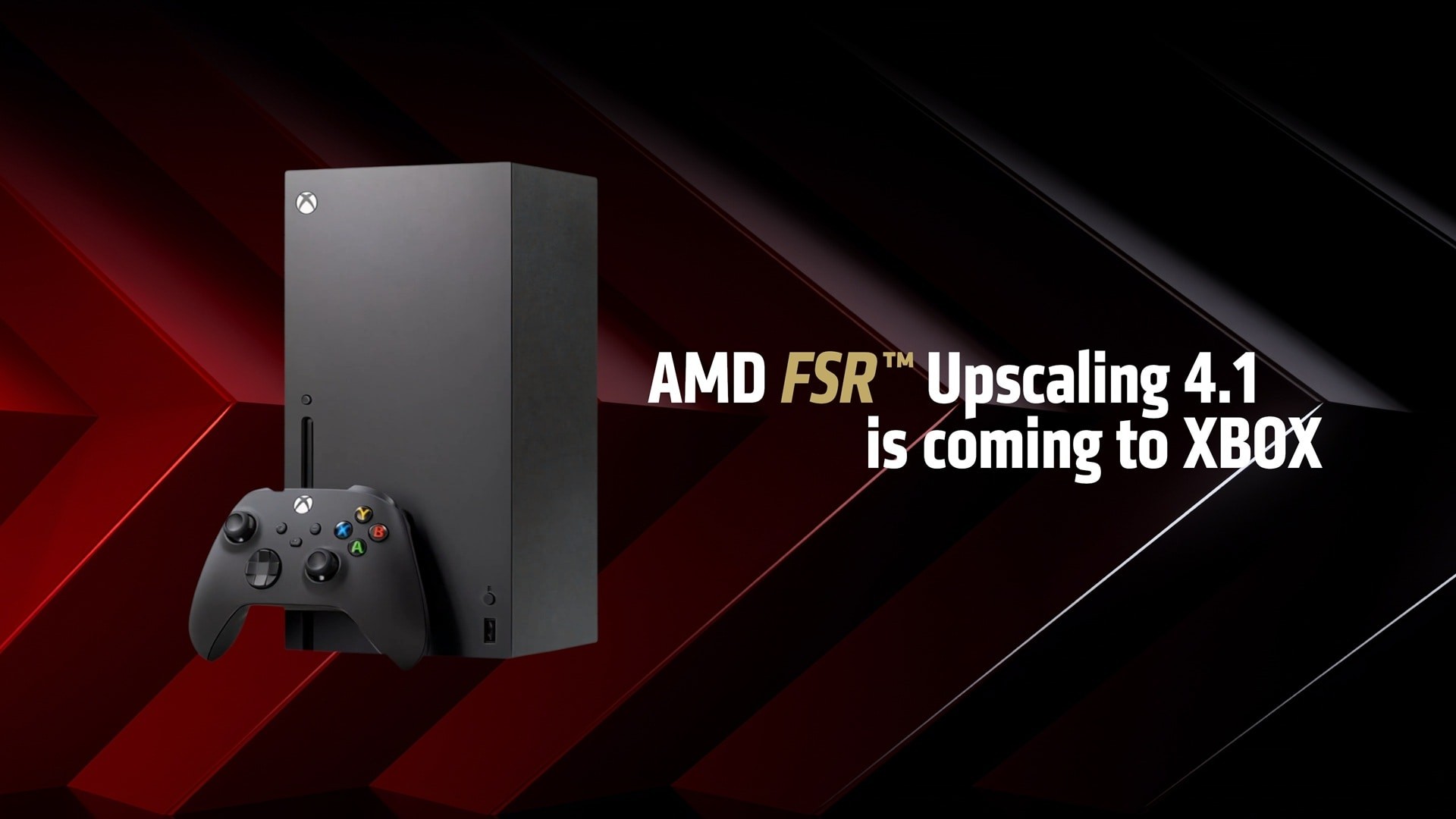 AMD graphic reading AMD FSR Upscaling 4.1 is coming to Xbox, next to an Xbox Series X console and controller