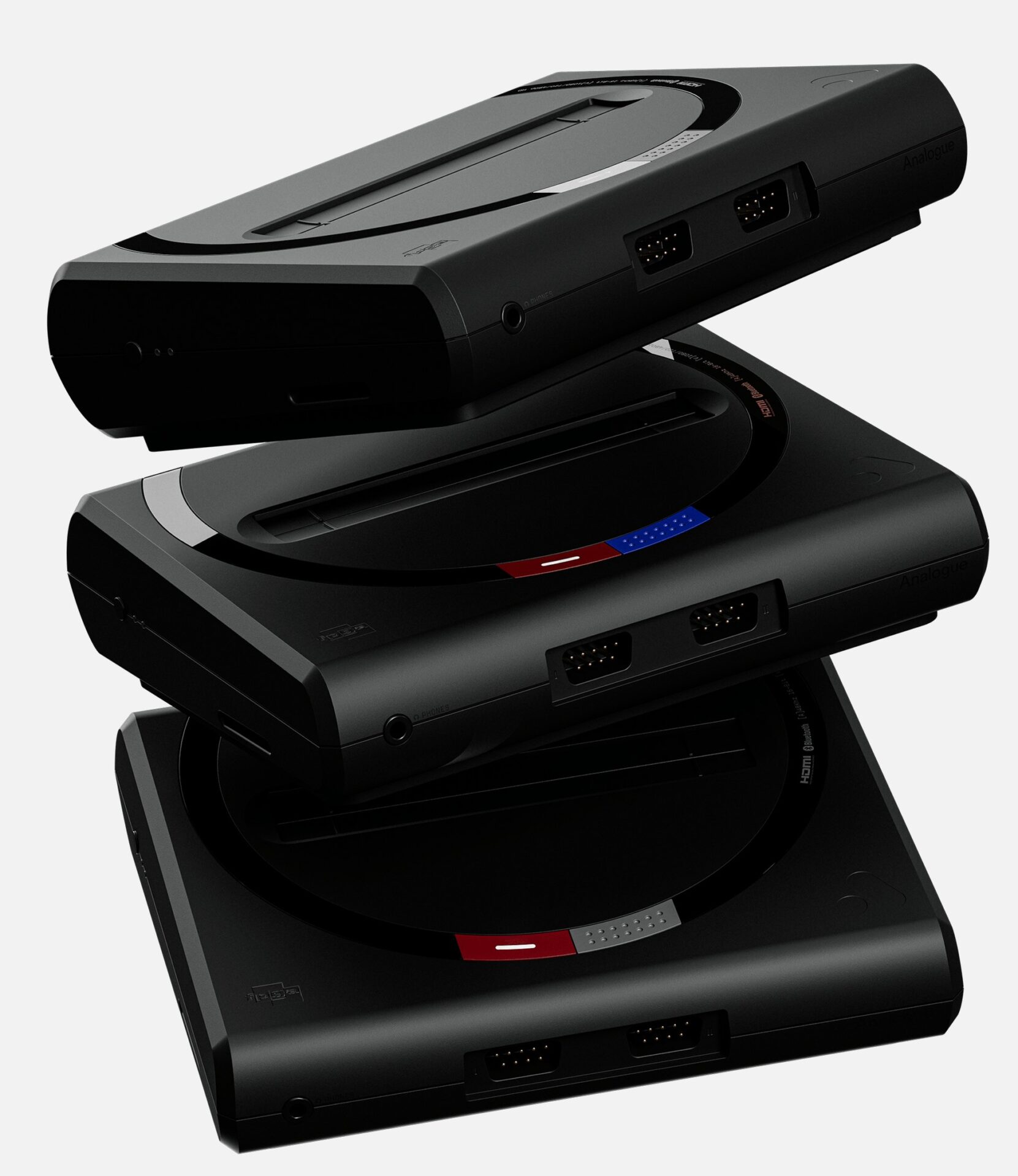 Analogue Mega Sg+ consoles stacked in three regional styles