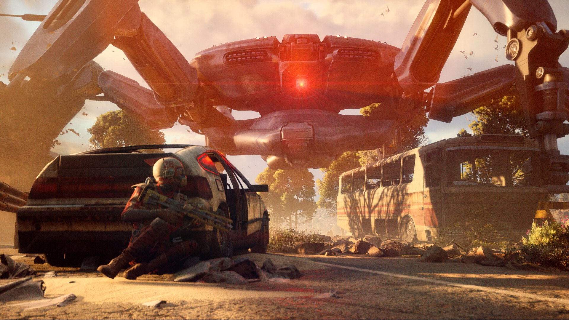 A raider ducks behind a wrecked car as a giant ARC machine looms over the road in ARC Raiders