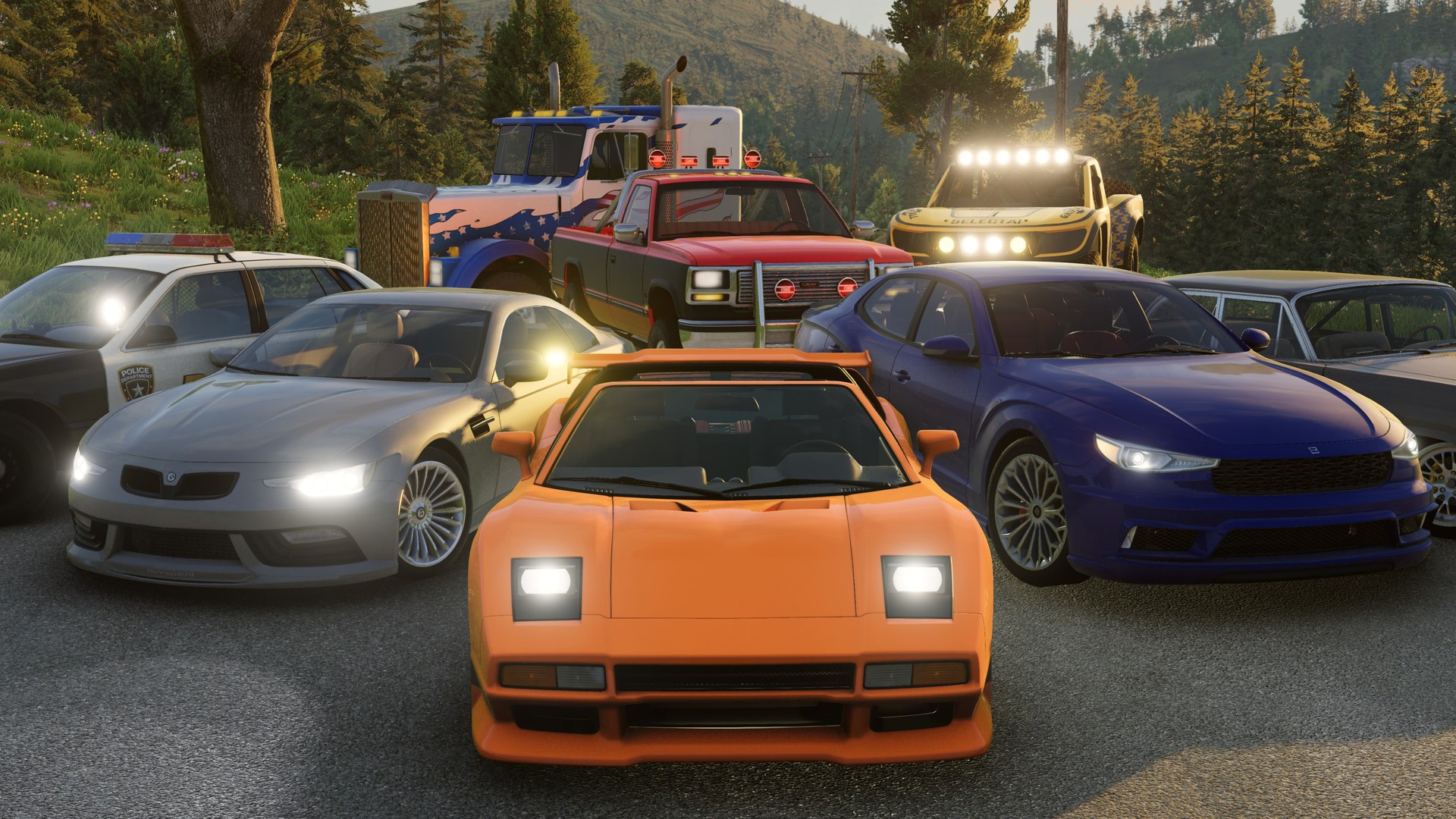An orange sports car sits front and center in a packed lineup of BeamNG.drive vehicles at golden hour