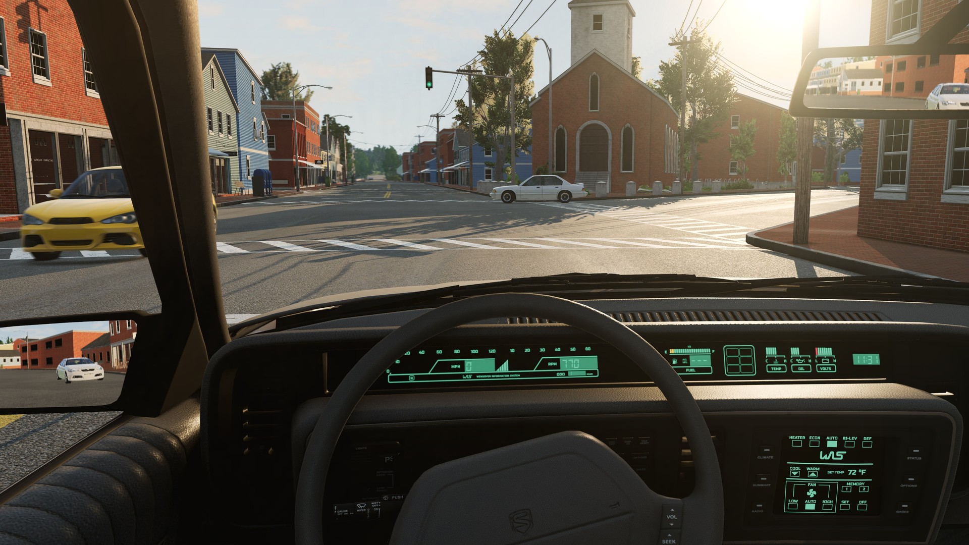 Cockpit view of a BeamNG.drive car stopped at a sunny town intersection with a brick church ahead
