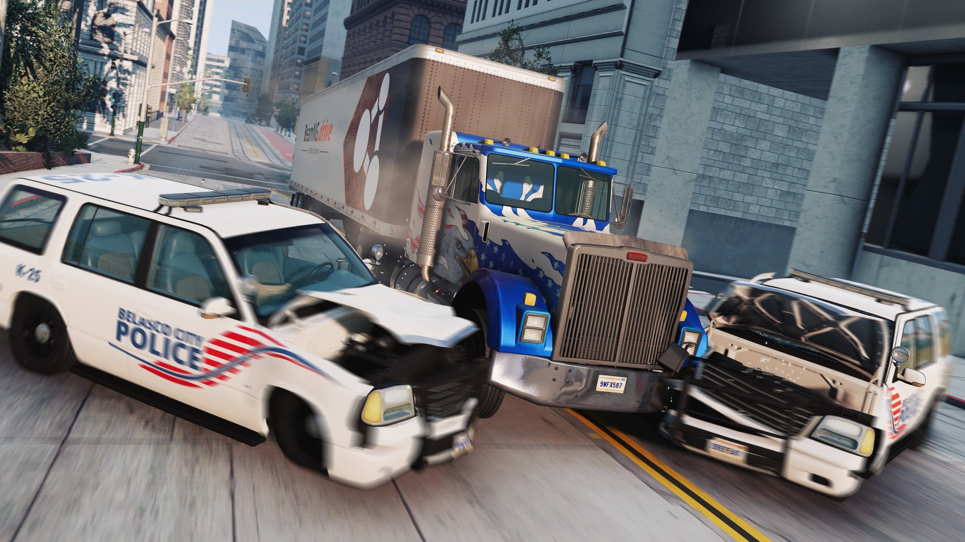 Two Belasco City Police SUVs crumple into a jackknifed BeamNG.drive semi truck on a city street