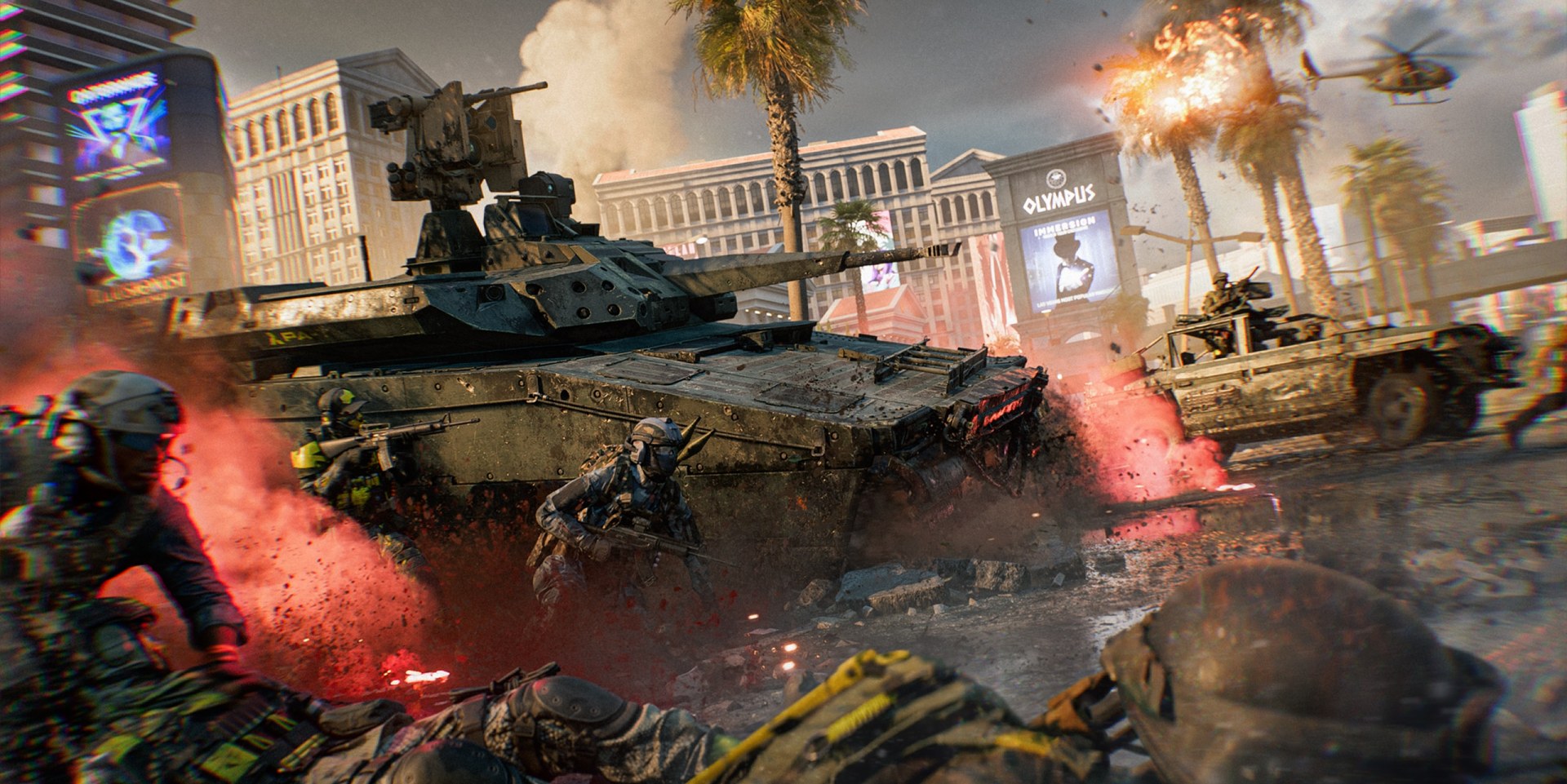 A tank and soldiers fight on the Las Vegas Strip beside the Olympus casino sign in Battlefield 6's Vegas Strip map