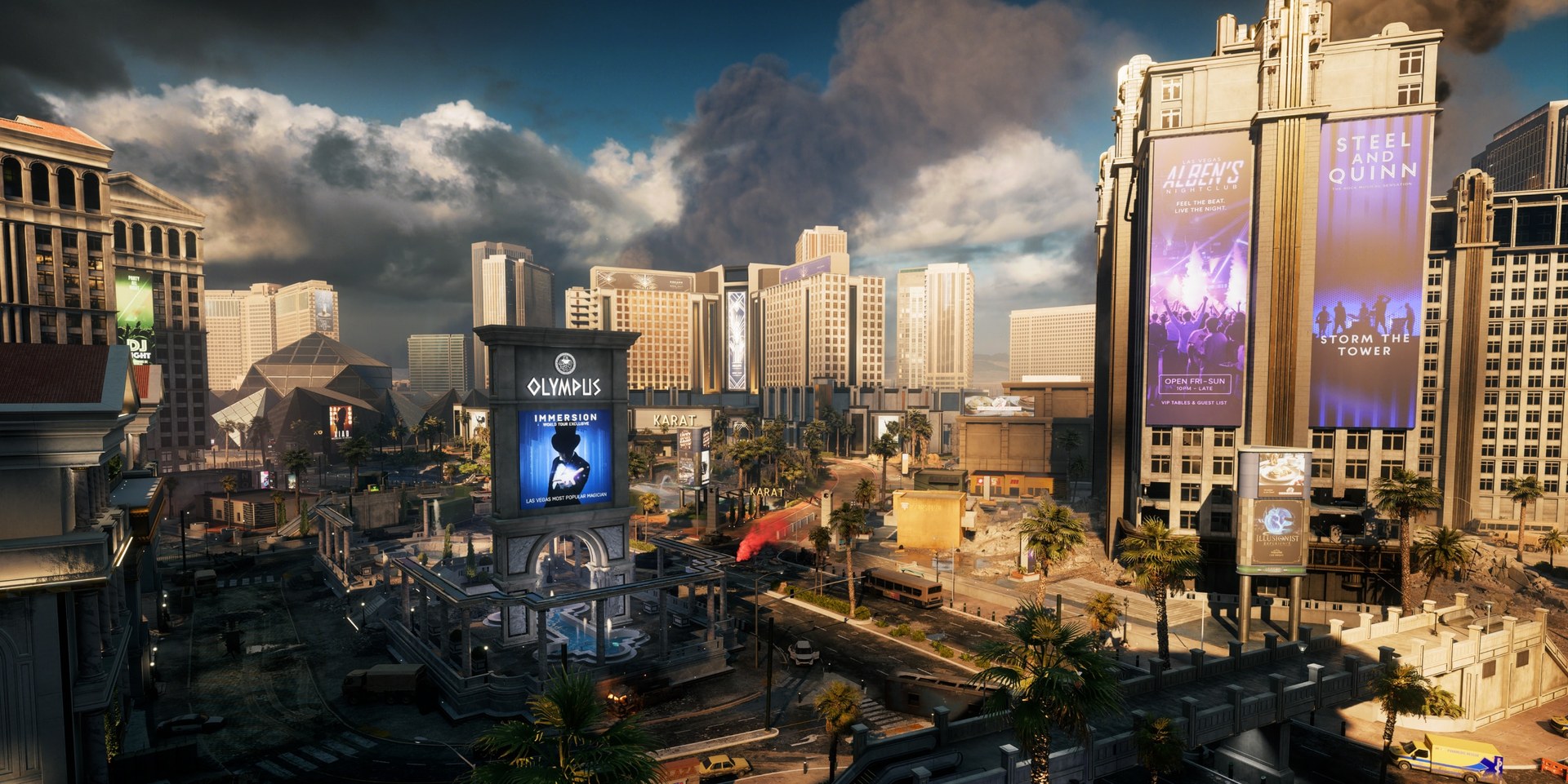 Wide view of the Las Vegas Strip with casino towers, billboards and palm trees in Battlefield 6's Vegas Strip map