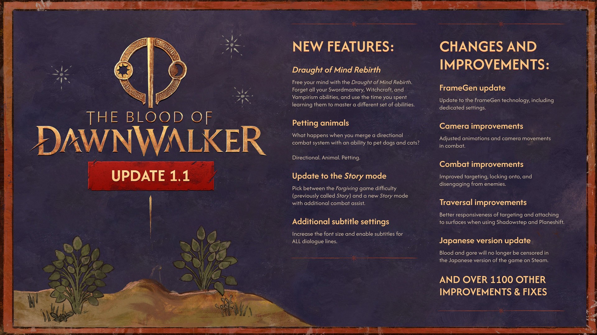 The Blood of Dawnwalker Update 1.1 feature list from Rebel Wolves