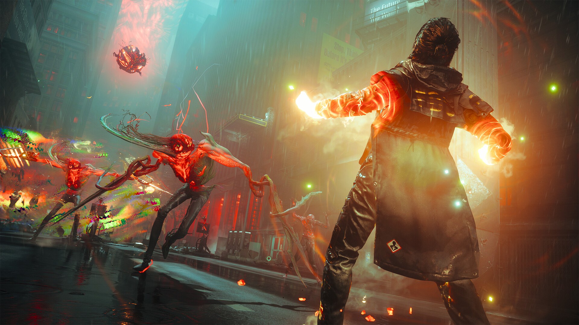 A hooded character channels glowing energy against enemies in Control Resonant