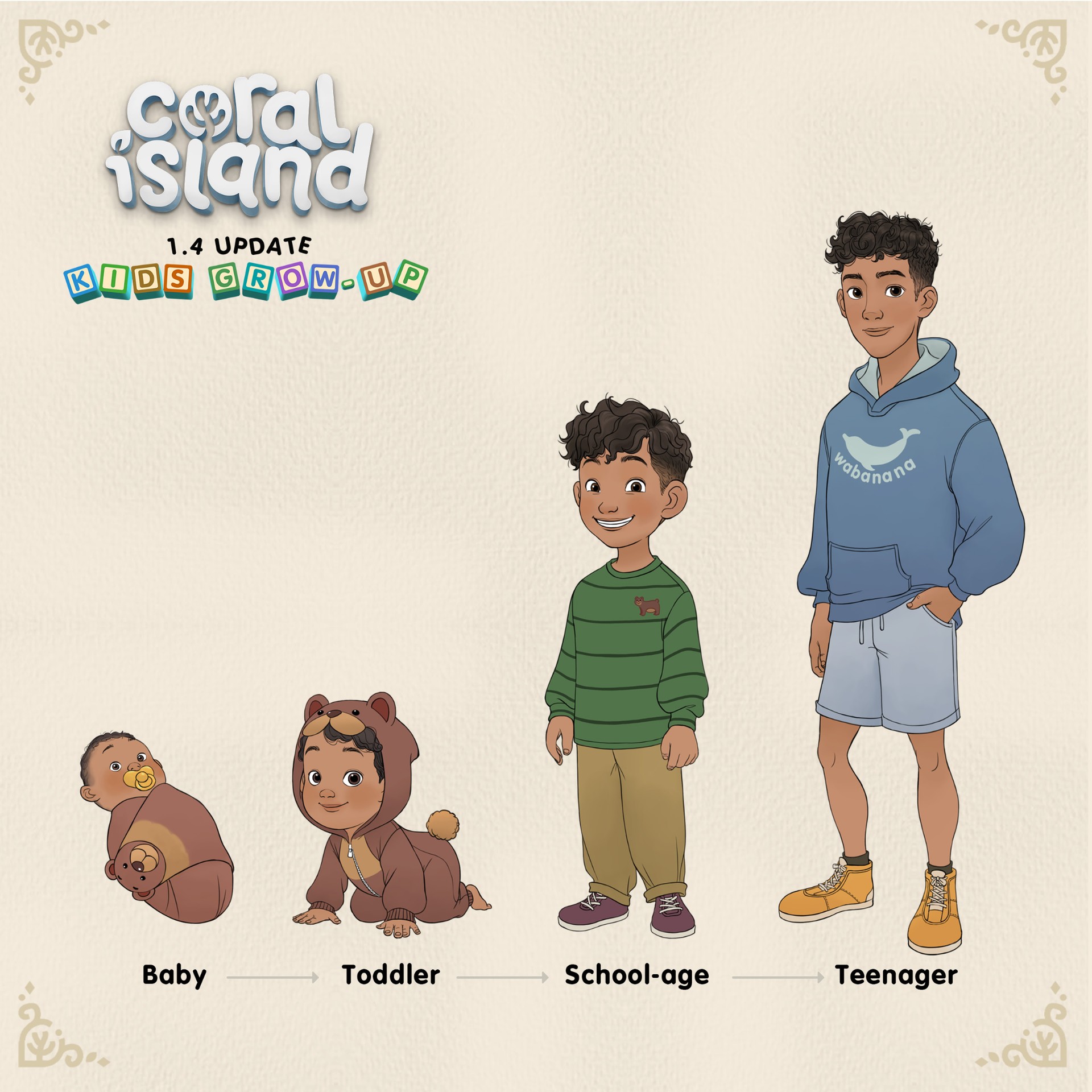 Coral Island 1.4 art showing a child growing from baby to toddler, school-age and teenager