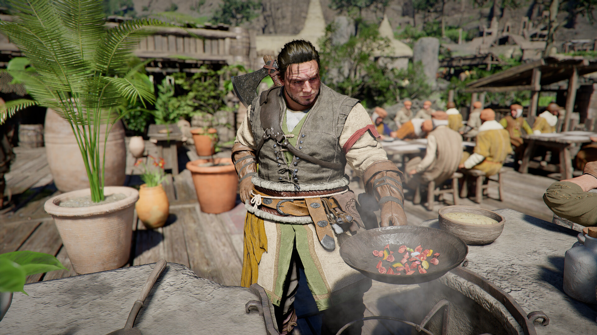 A Greymane cooking for a crowded open-air restaurant in Crimson Desert Charting the Unknown