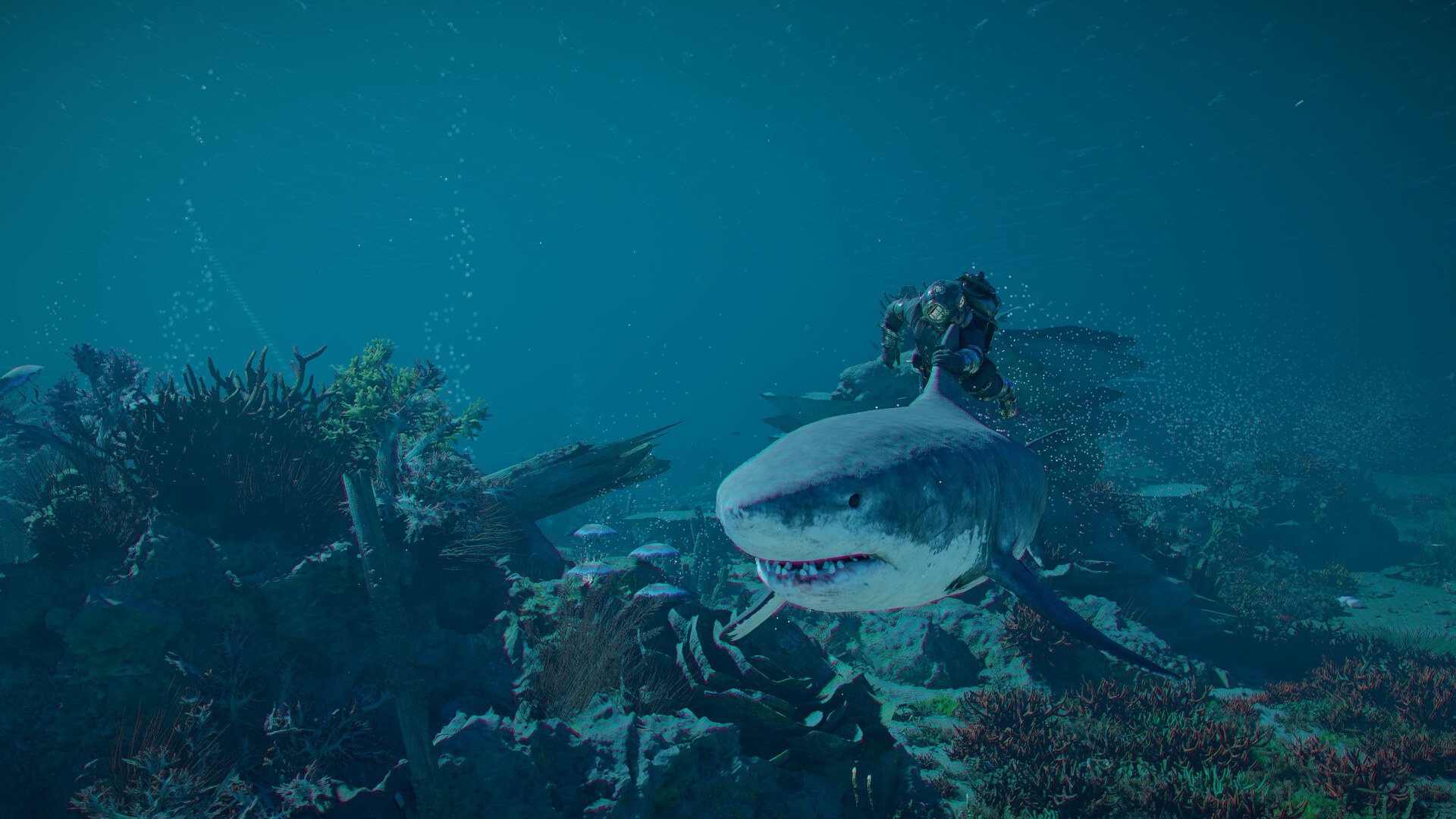 A shark swims past a diver exploring a reef in Crimson Desert's Charting the Unknown DLC