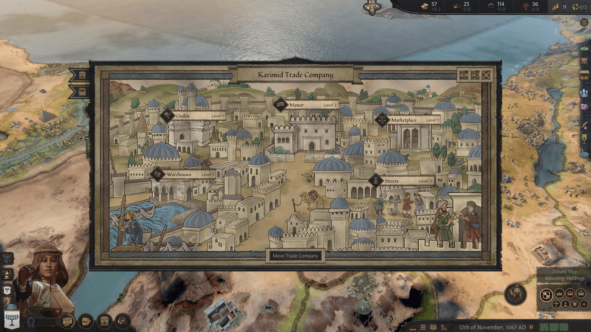 The merchant company screen in Crusader Kings III Silk & Silver