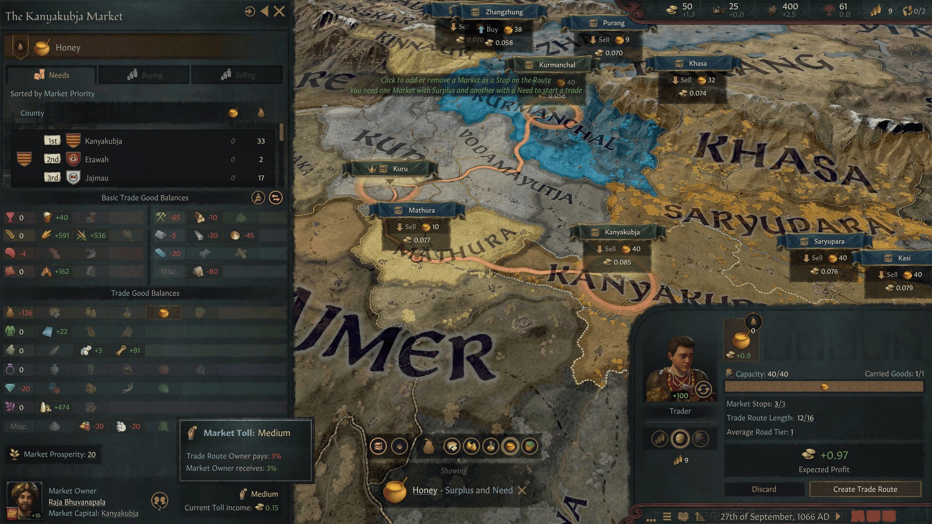 A trade route map with a merchant character panel in Crusader Kings III Silk & Silver