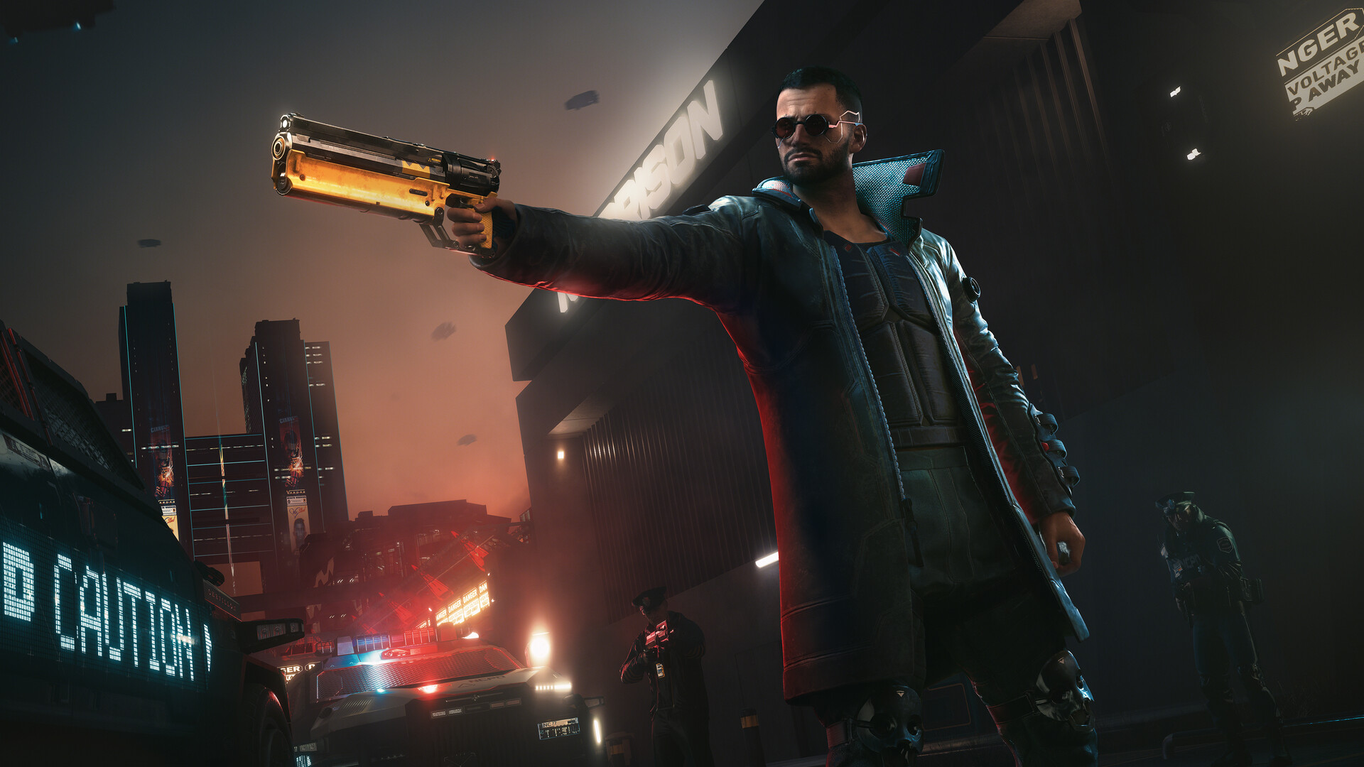 A man aims a gold pistol on a Night City street in Cyberpunk 2077