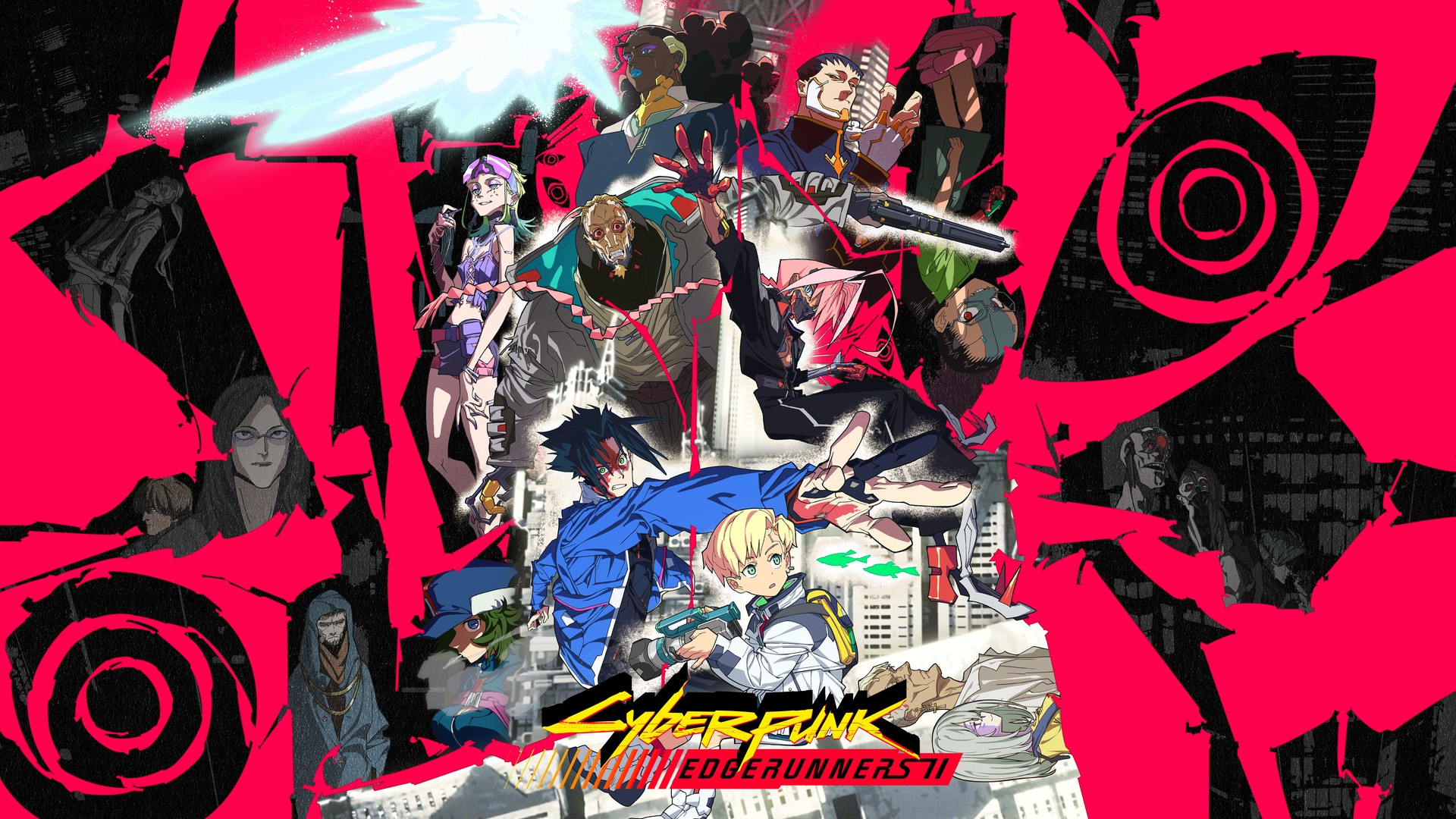 Official key art for Cyberpunk: Edgerunners 2 showing the new cast against a red and black background