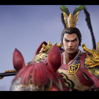 Lu Bu in gold dragon armor rides a red horse and holds a spear in Dynasty Warriors 3 Complete Edition Remastered.