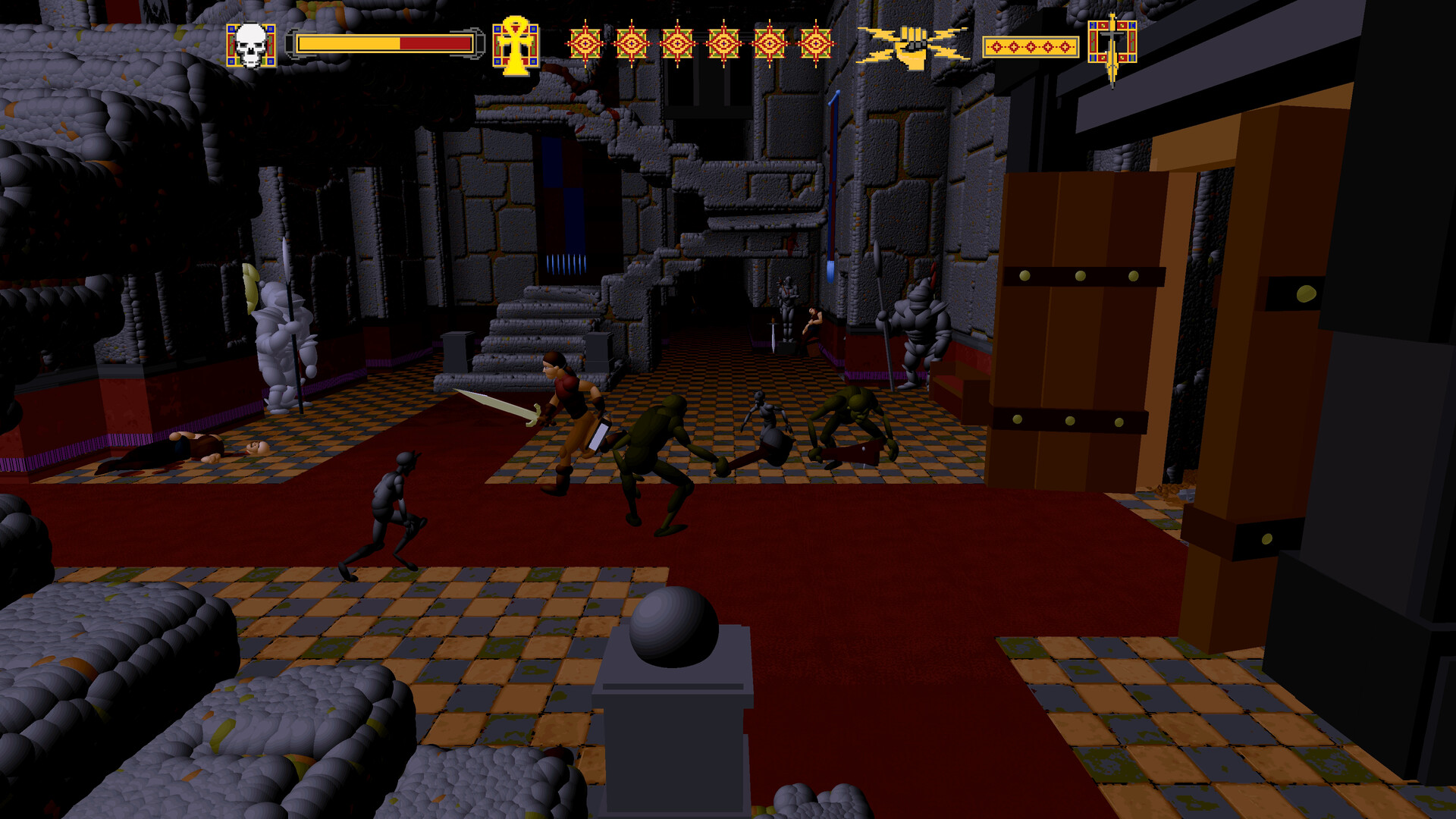 A fight breaks out on the red carpet of a castle hall in Ecstatica II
