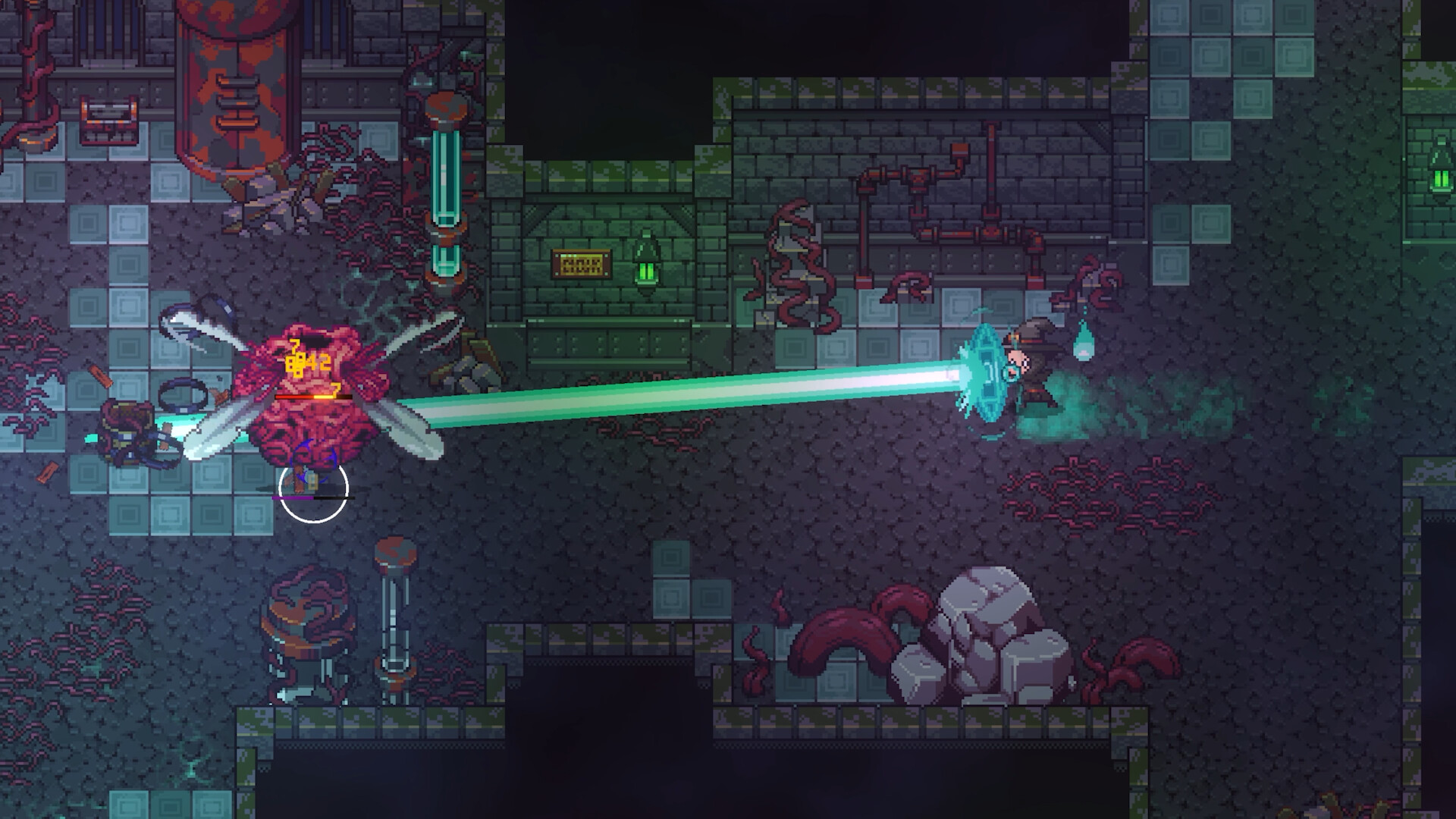 A hat-wearing mage fires a teal beam at a winged pink creature in a stone chamber in Emberville