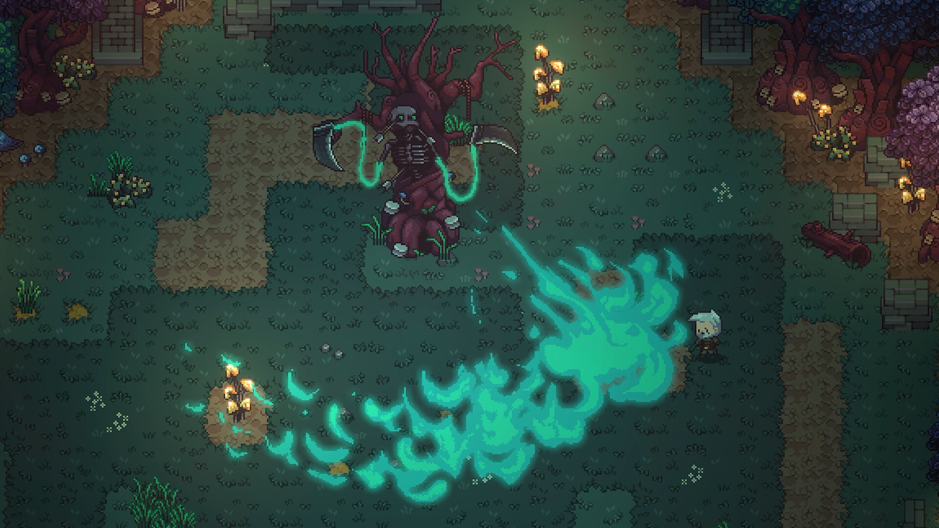 A teal magic blast sweeps through a dark forest clearing in Emberville