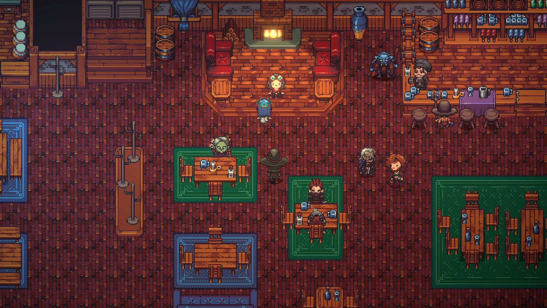 A cozy tavern interior with tables, rugs and a bar in Emberville