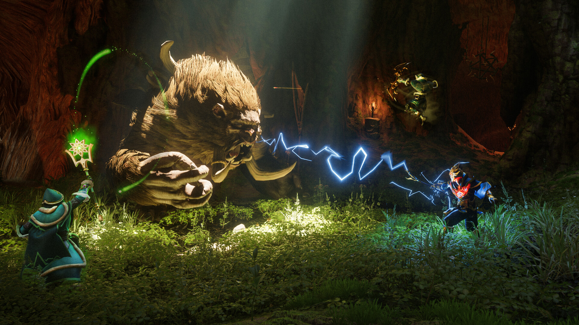 A party of Flameborn fighting a giant shaggy beast in a dark forest in Enshrouded
