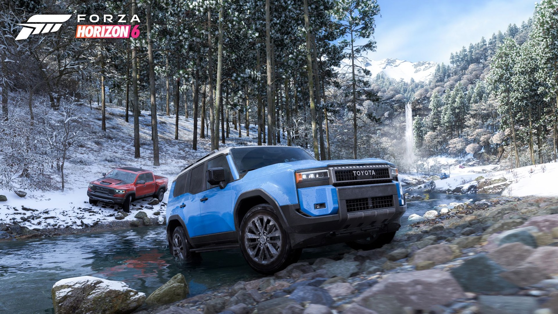 Forza Horizon 6 on PS5, a blue Toyota off-roader crossing a snowy mountain creek