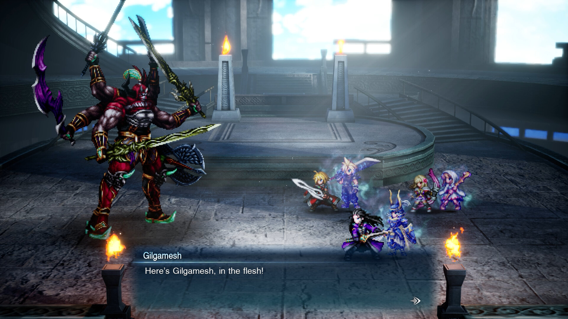 Gilgamesh confronts the party in a torchlit arena in Final Fantasy Resonance