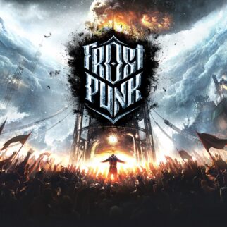 Frostpunk key art with the Frostpunk logo above a crowd gathered around a glowing generator in the snow