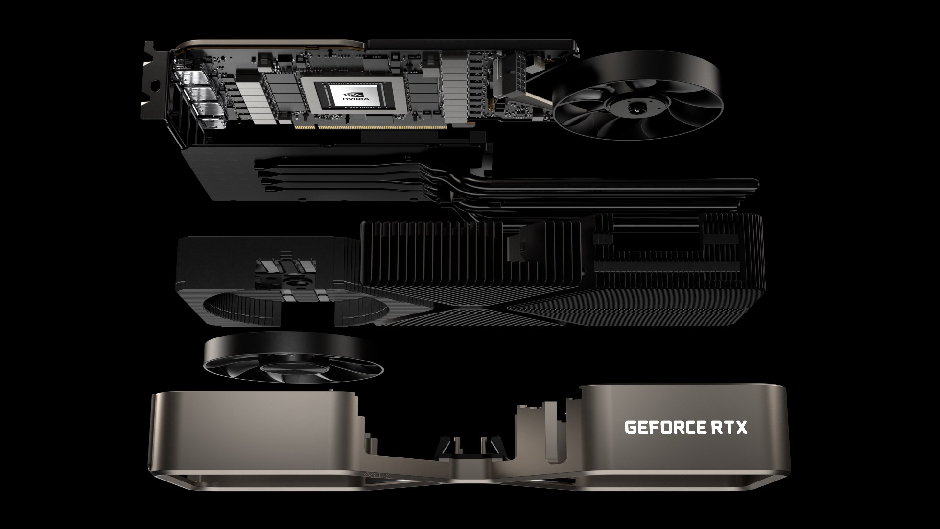 Exploded view of an NVIDIA GeForce RTX Founders Edition graphics card, with the GPU surrounded by its graphics memory chips on the circuit board