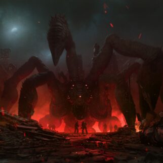 Official Gears of War: E-Day key art showing a giant Locust creature in a burning city