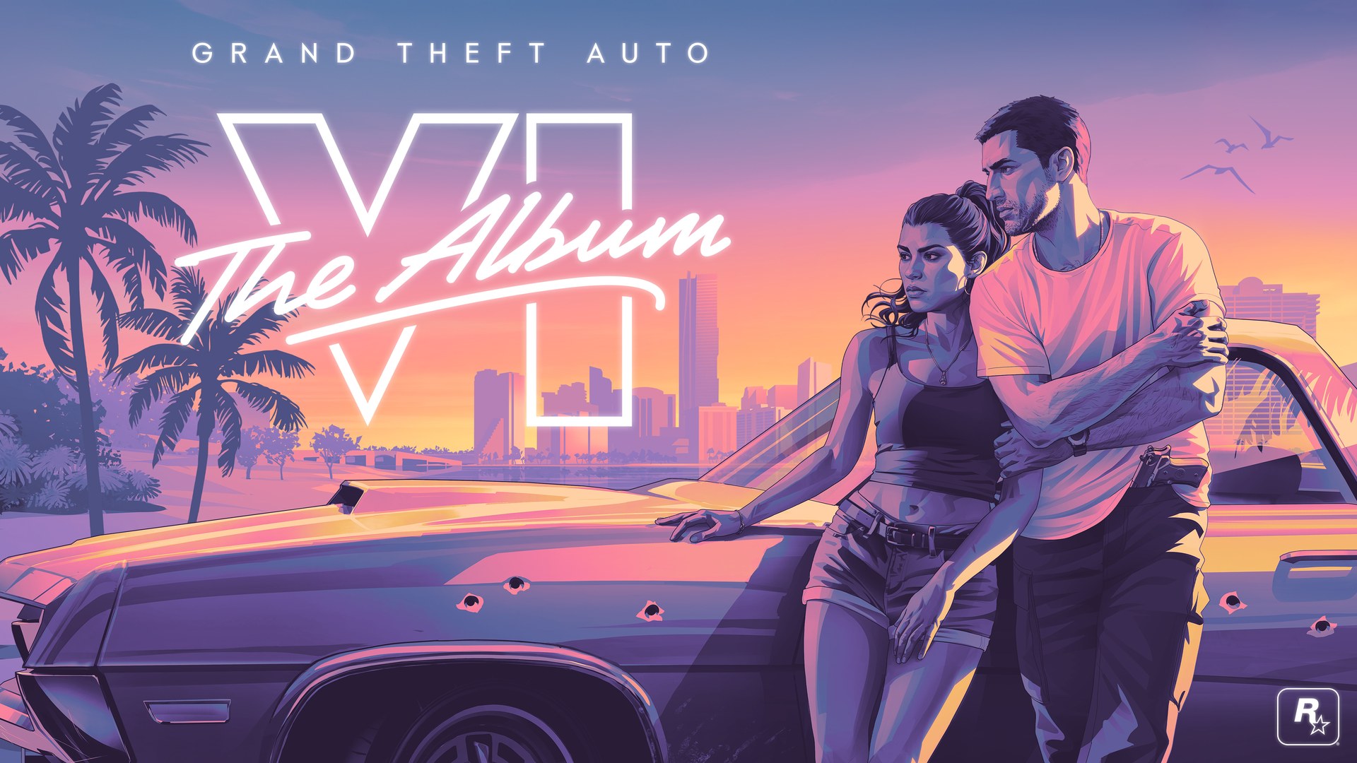 Grand Theft Auto VI: The Album cover art with Jason and Lucia leaning on a car