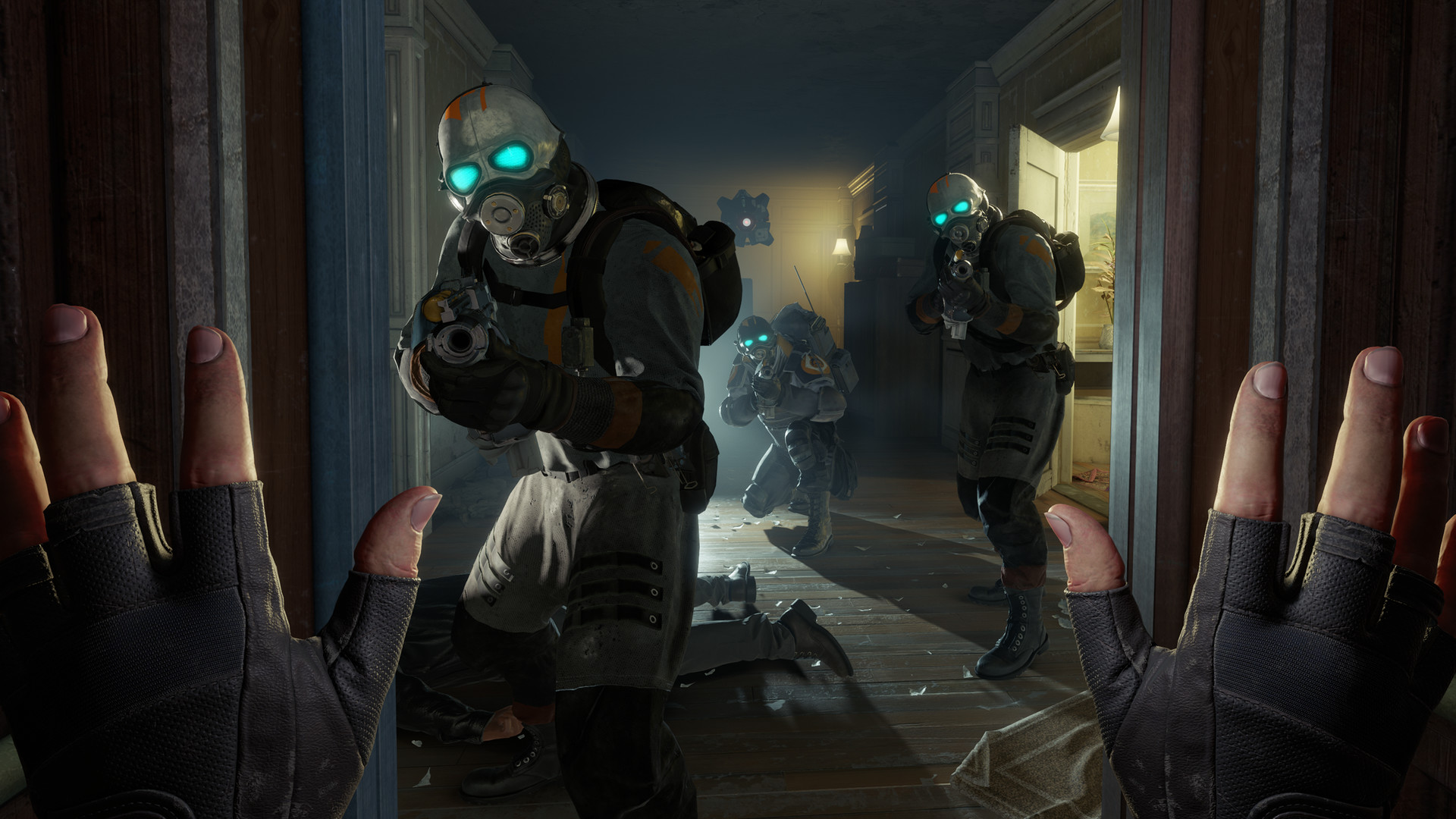 Combine soldiers advance down a dim hallway toward the player's raised hands in Half-Life: Alyx