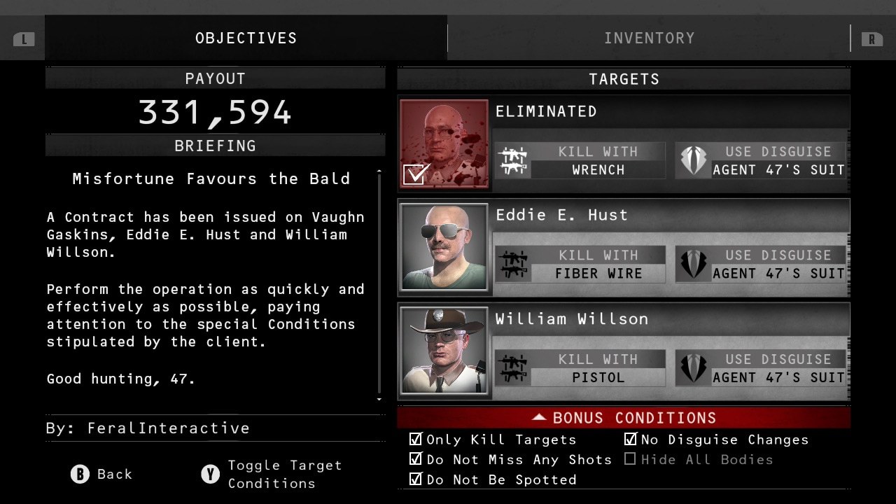 The Contracts briefing screen listing targets and bonus conditions in Hitman: Absolution on Nintendo Switch