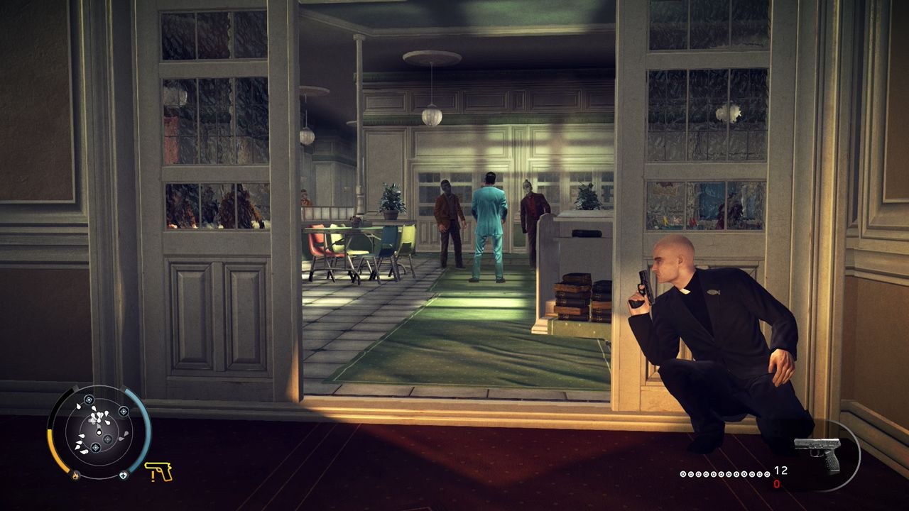 Agent 47 crouches in a priest disguise near a doorway in Hitman: Absolution on Nintendo Switch