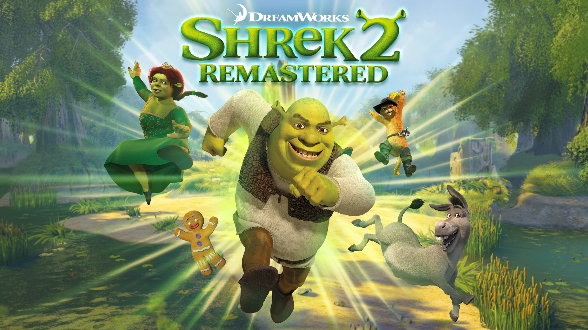 Shrek 2 Remastered key art with Shrek running toward the camera alongside Fiona, Donkey, Puss in Boots and Gingy