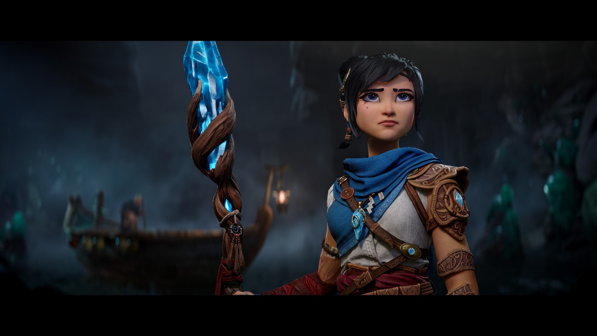 Kena holds her glowing blue staff in Kena: Scars of Kosmora