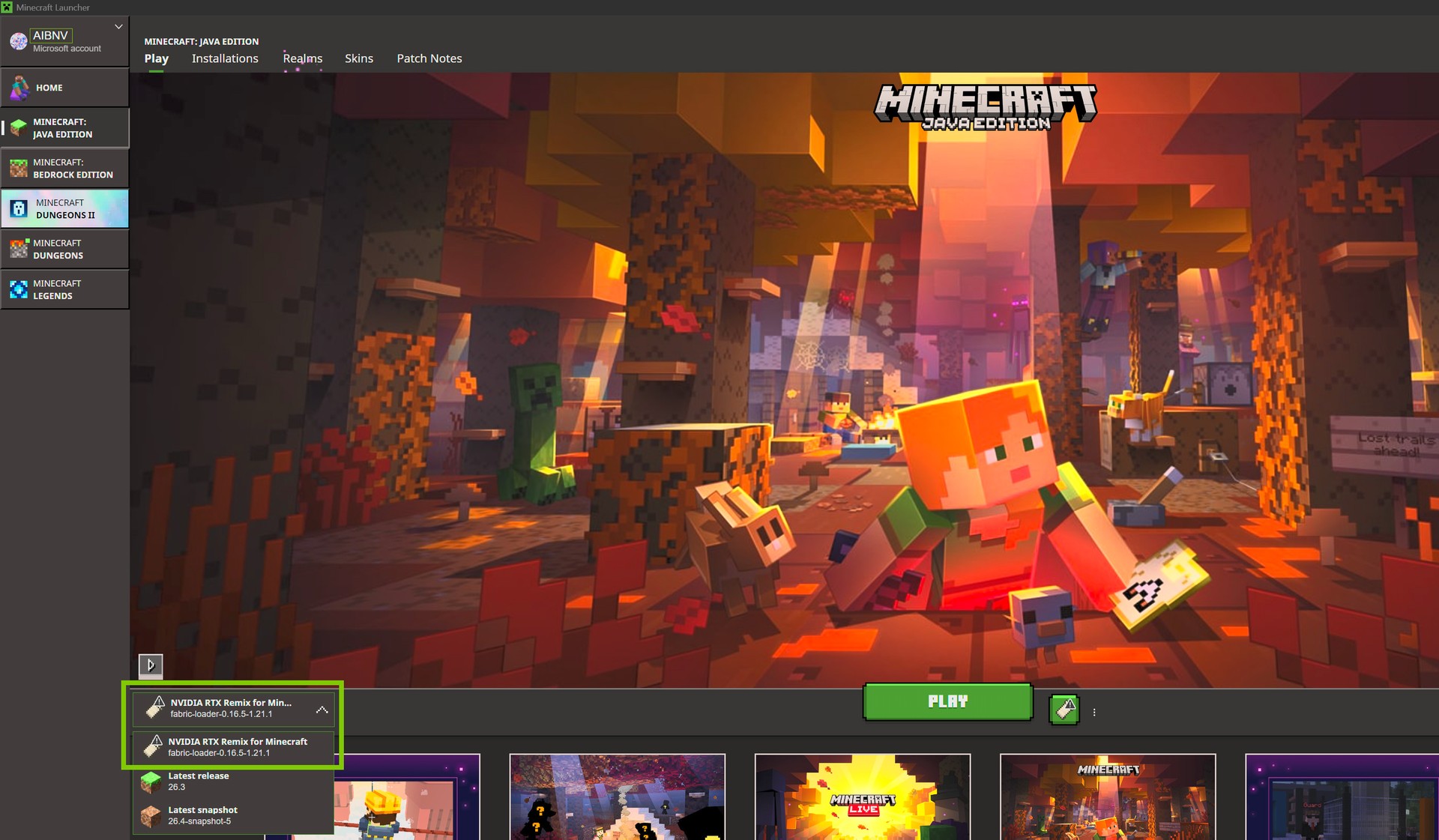 The Minecraft Launcher with the NVIDIA RTX Remix for Minecraft profile selected next to the Play button