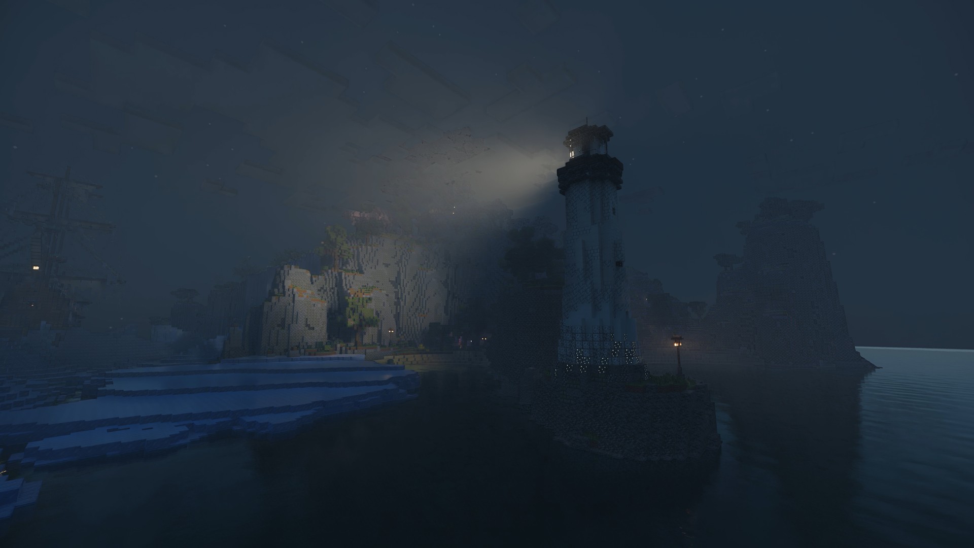 A lighthouse beam cuts through fog over a dark coastline in path-traced Minecraft