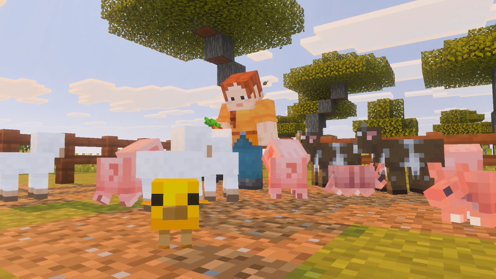 Minecraft for Nintendo Switch 2 screenshot of a player surrounded by pigs, sheep and a chick on a farm
