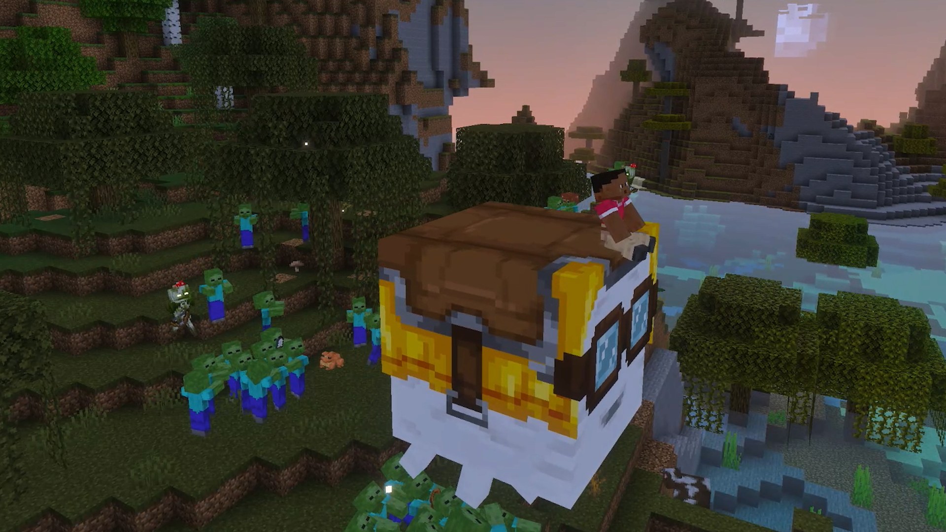 Minecraft for Nintendo Switch 2 screenshot of a player riding a harnessed ghast over a forest at dusk