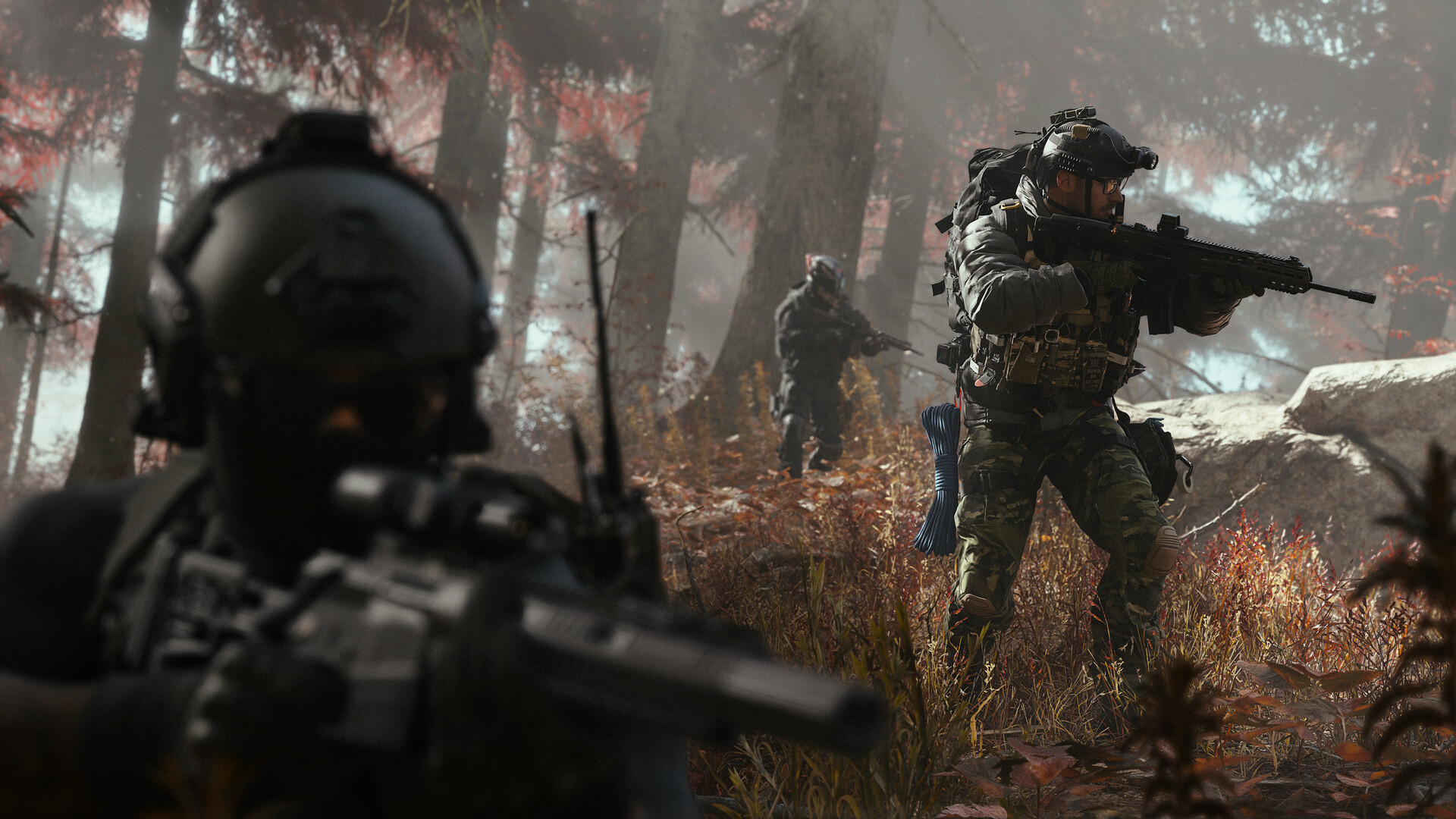 Soldiers advance through a misty, autumn-colored forest in Call of Duty: Modern Warfare 4
