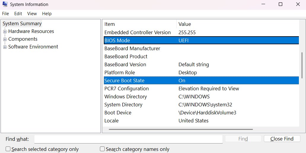 The Windows System Information window with BIOS Mode UEFI and Secure Boot State On