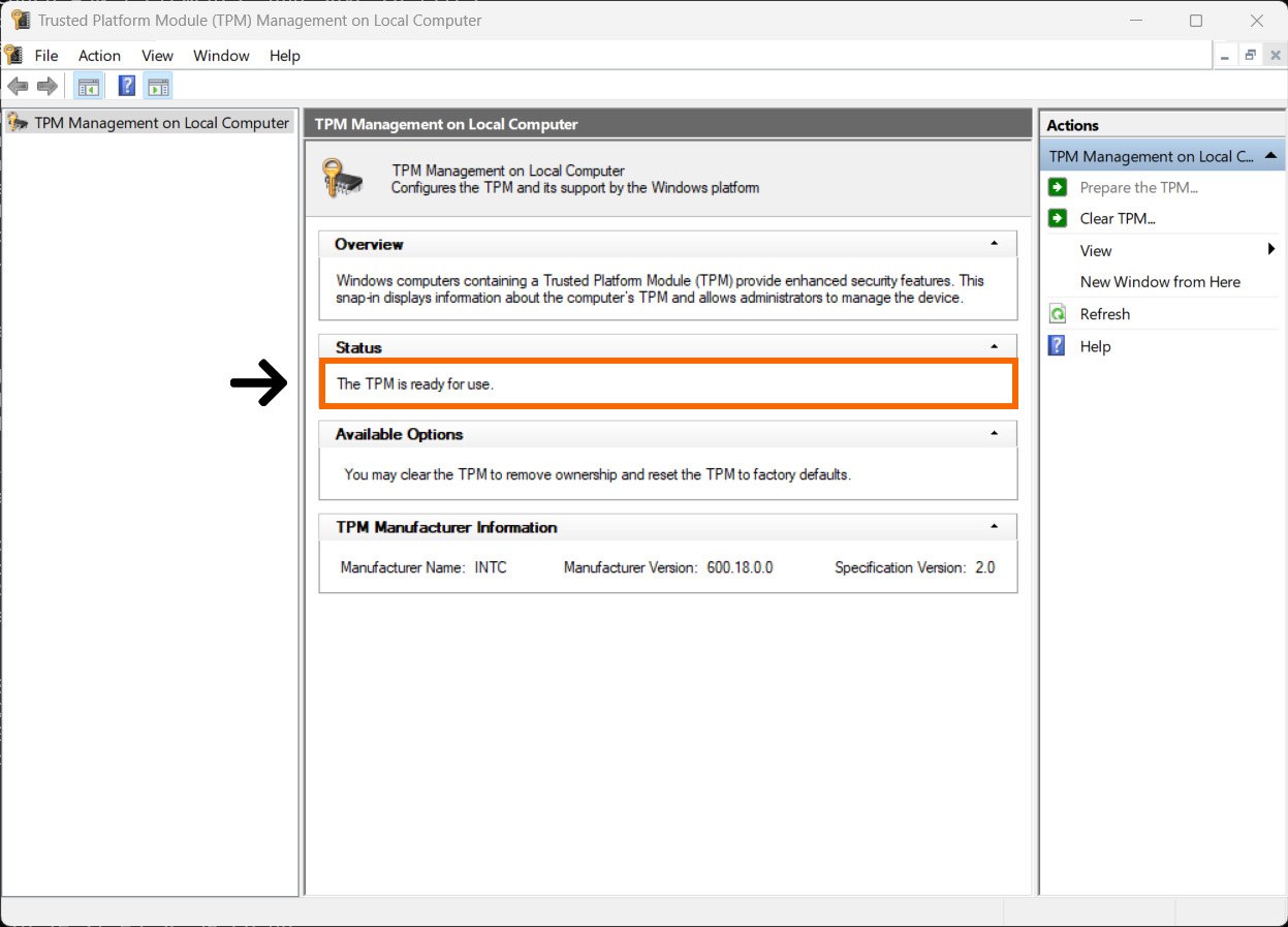 The Windows TPM management window showing the TPM is ready for use