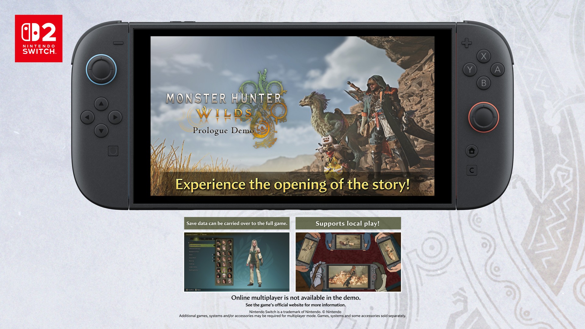 Capcom graphic for the Monster Hunter Wilds Switch 2 Prologue Demo showing character creation and four Switch 2 consoles in local play