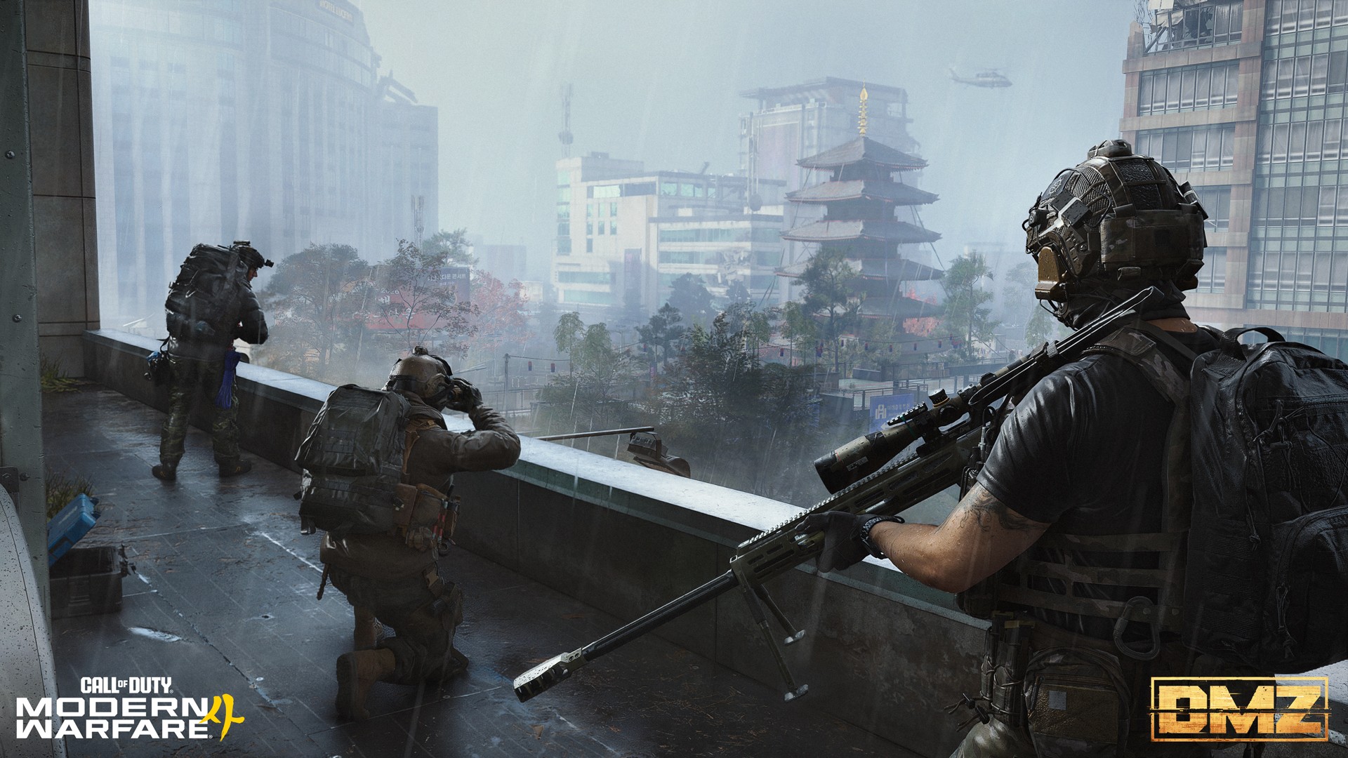 A DMZ squad with a sniper rifle watches over the city of Hajin from a rooftop in Modern Warfare 4