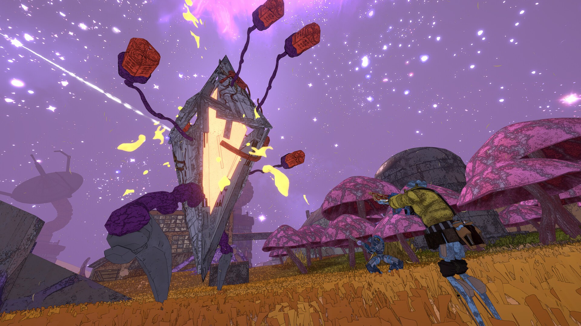 A Mycopunk robot crew fights near a giant crystal under a purple sky
