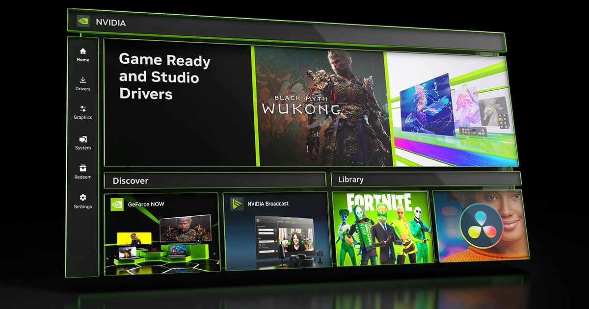 NVIDIA App home screen with Game Ready and Studio Drivers, Discover and Library panels